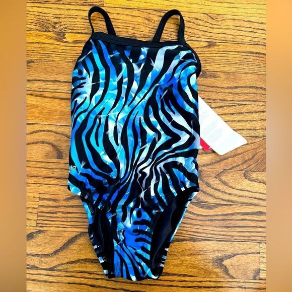 NWT New SPEEDO Endurance+ Flyback Racing Swimsuit Black Blue Sz 22 Girls 4 5 6 - Picture 1 of 4